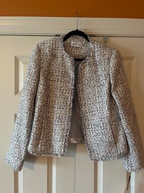 Calvin Klein Bouclé Tweed Open-Front Jacket in Light Gray and White